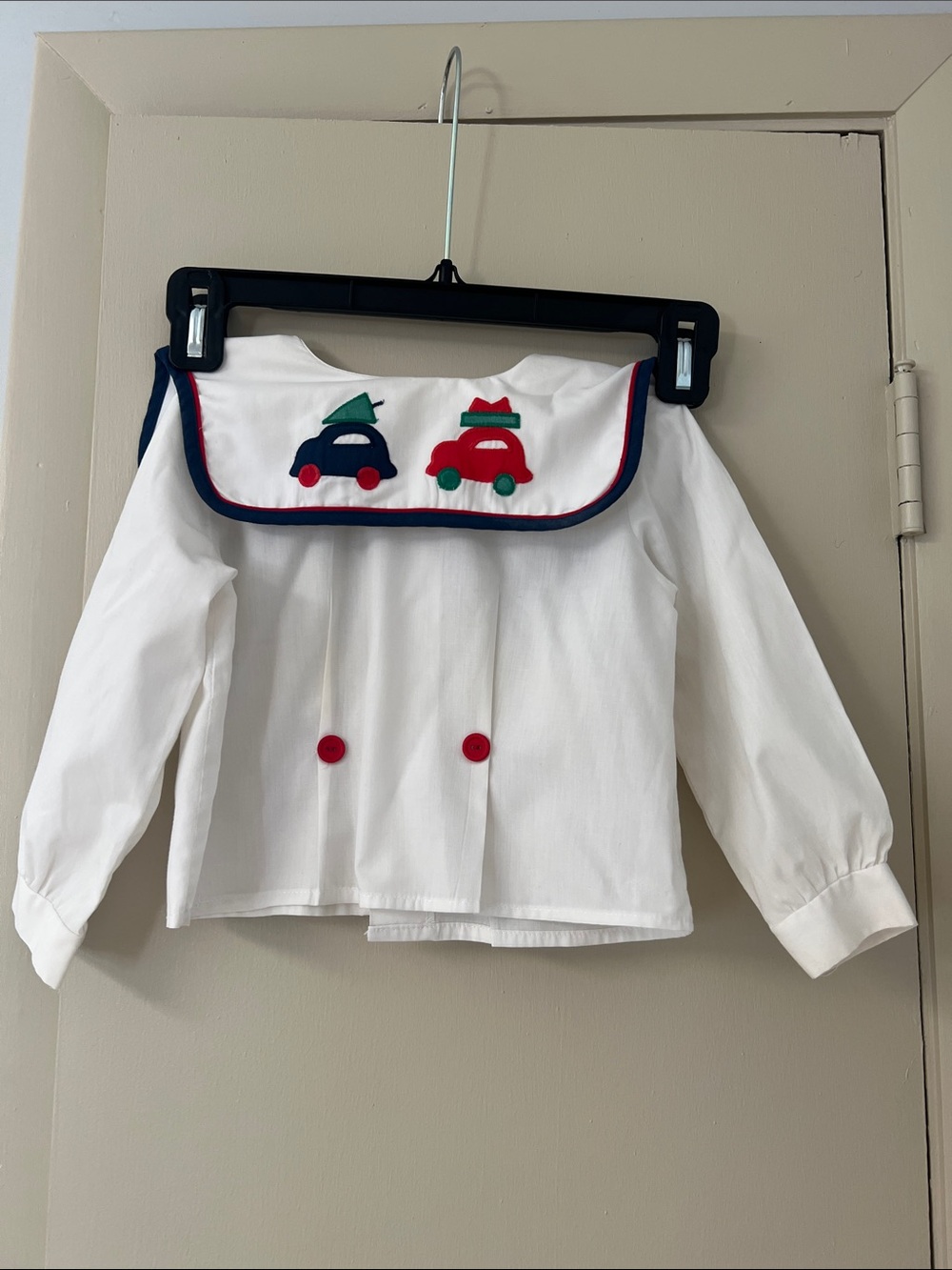 Vintage 90’s Long-Sleeve Kids Sailor Collar Shirt with Red & Navy Car Appliqués